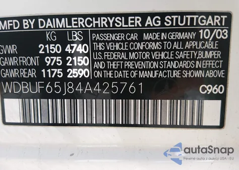 2004 Mercedes-Benz E 320 from USA, damaged, VIN WDBUF65J84A425761